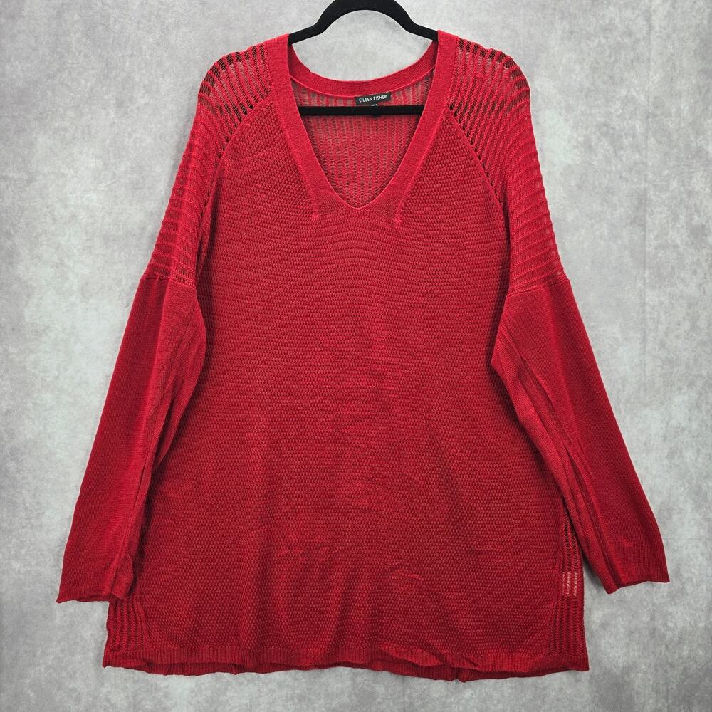 Eileen‎ Fisher Red Merino Wool Mini Stitch Tunic Sweater Pullover XL Extra Large